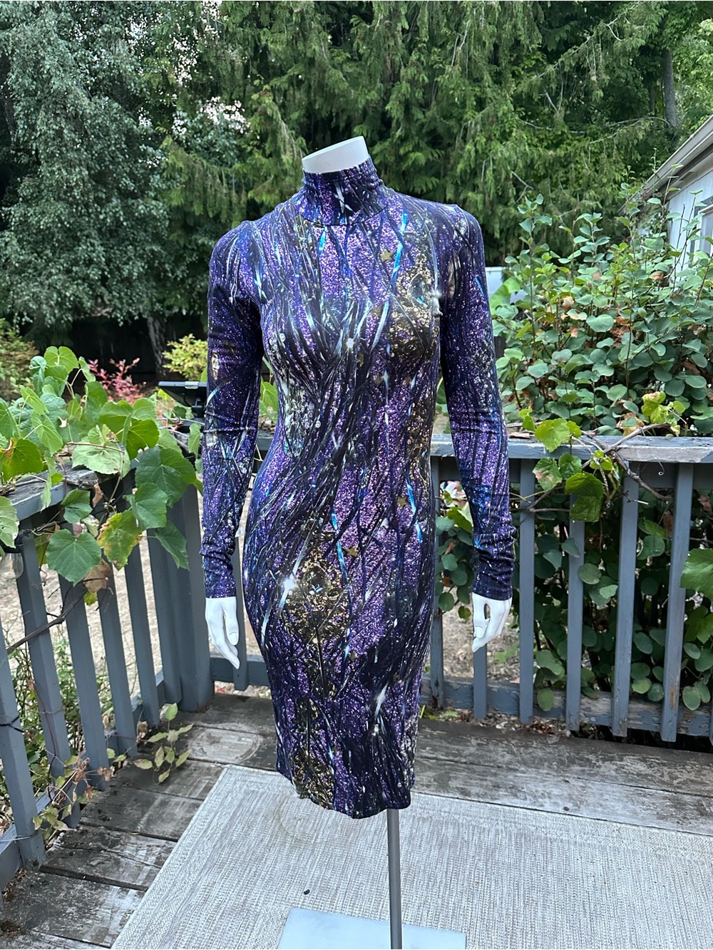 Hildur Yeoman Galaxy Print Bodycon Dress High Neck Long Sleeve SMALL | G-1791
